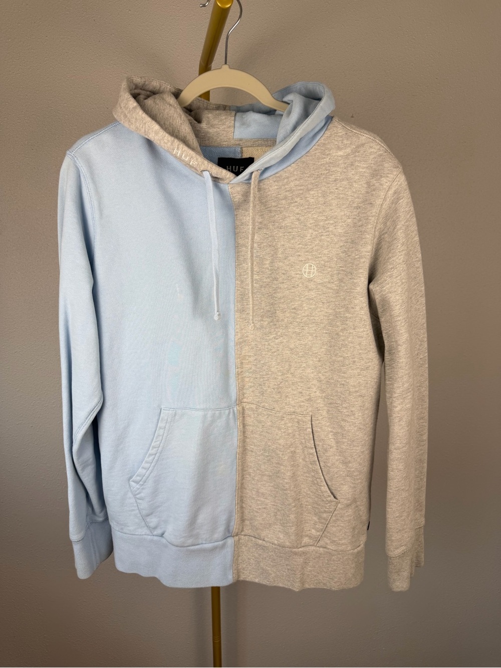 HUF Colorblock Split Hoodie Blue Gray Embroidered Logo Size Large